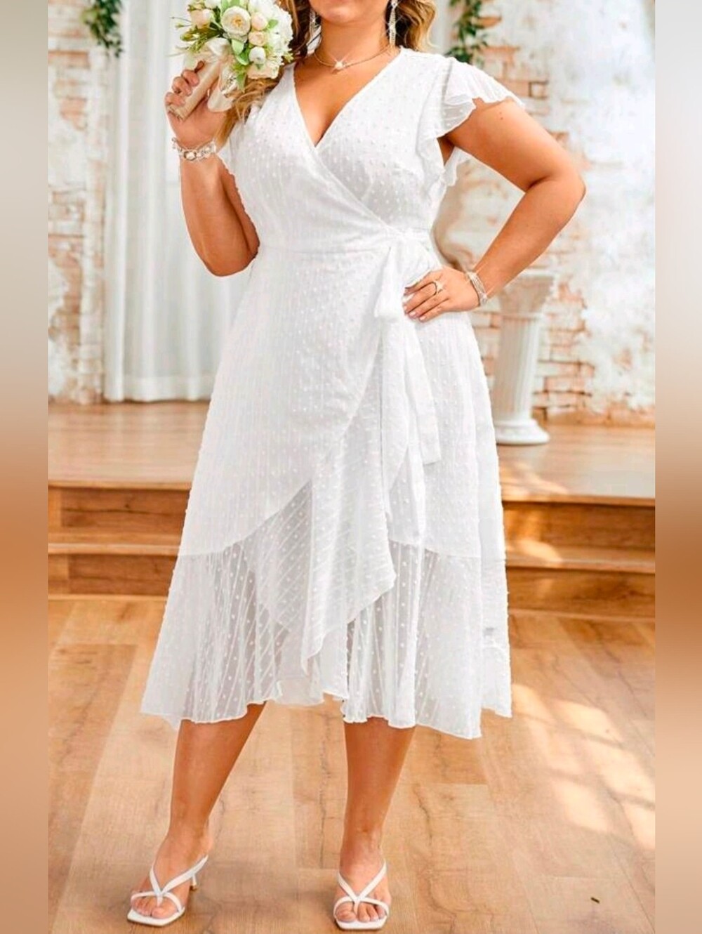 NEW Chic Semi Sheer Dot Wrap Dress PLUS White